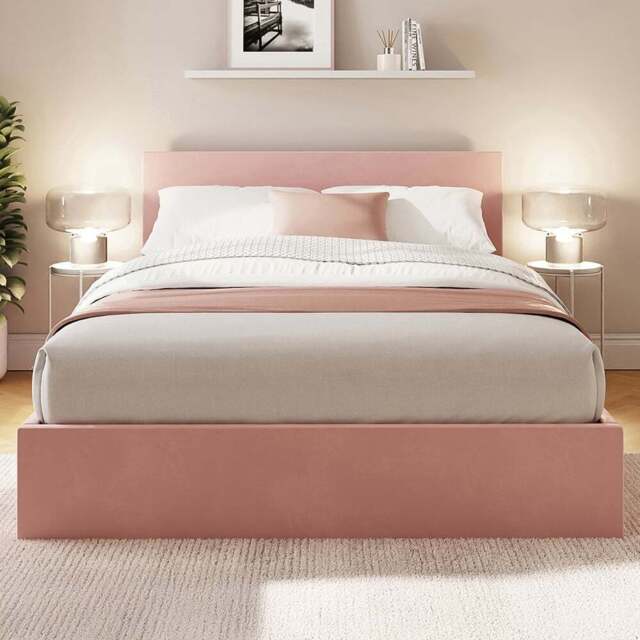 GFW King Size Blush Pink Velvet End Lift Ottoman Bed with Memory Pocket Spring Mattress - Wilko - image 1