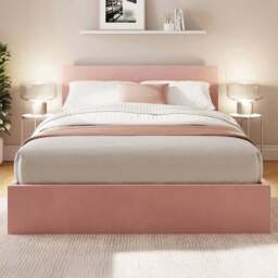 GFW King Size Blush Pink Velvet End Lift Ottoman Bed with Memory Pocket Spring Mattress - Wilko