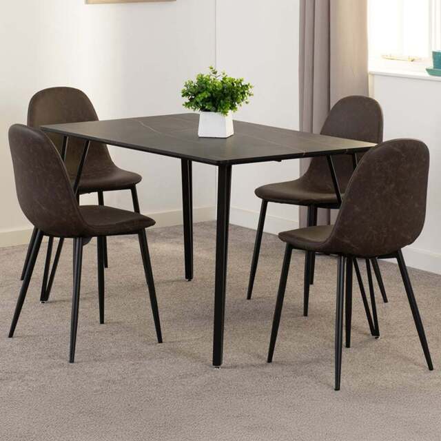 Seconique Marlow and Athens 4 Seater Dining Set Black Marble and Brown PU - Black Marble/Brown Pu - Wilko - image 1