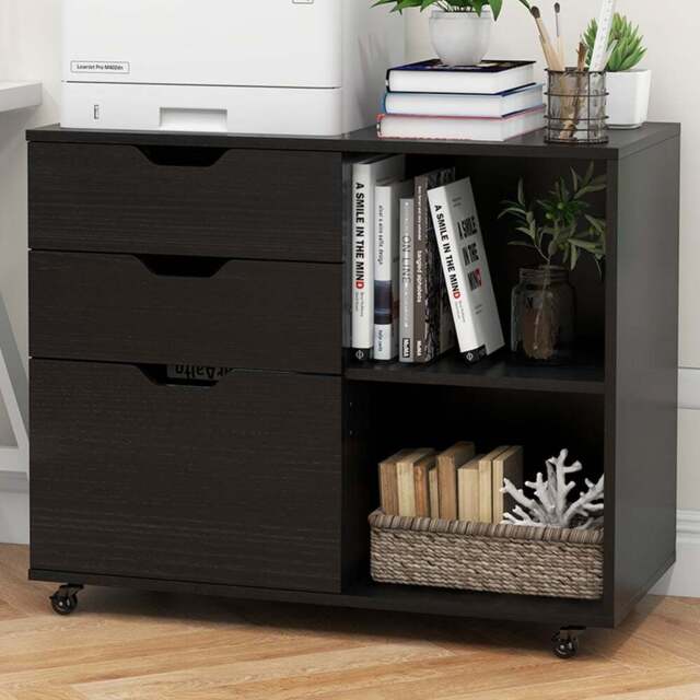 Costway 3 Drawer 2 Shelf Black Mobile File Cabinet - Size: 91 x 52 x 17cm - Wilko - image 1