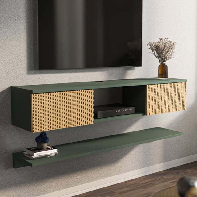 Decorotika Elia 2 Door Single Shelf Silva and Hazeran Floating TV Unit with Wall Shelf - Size: 25.6 x 140 x 30cm - Multi - Wilko - image 1