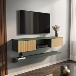 Decorotika Elia 2 Door Single Shelf Silva and Hazeran Floating TV Unit with Wall Shelf - Size: 25.6 x 140 x 30cm - Multi - Wilko - thumbnail 4
