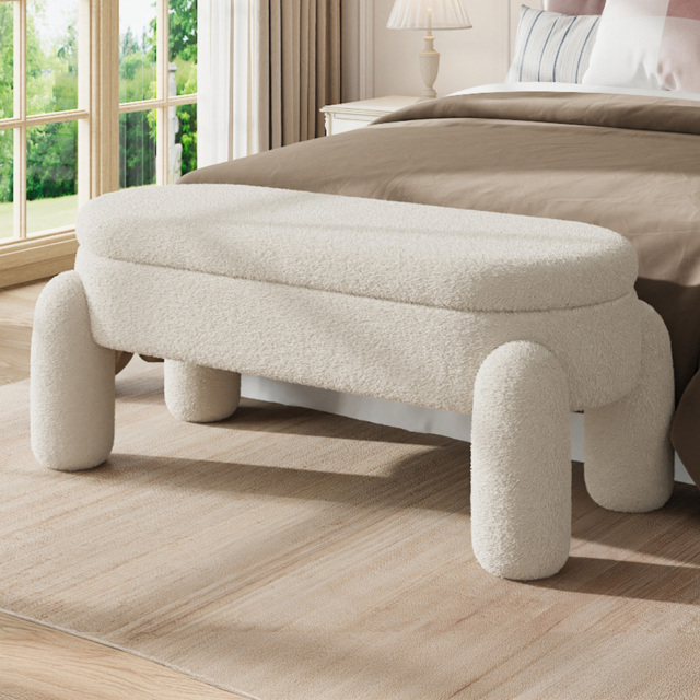 Living and Home White Upholstered Teddy Fleece Storage Bench with Hinged Lid - Size: 84 x 110 x 50cm - Cream - Wilko - image 1