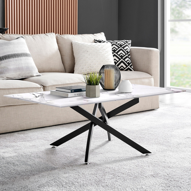 Furniturebox Tavalo White Marble Effect Glass Coffee Table with Black Legs - Size: 120 x 60 x 45cm - Wilko - image 1