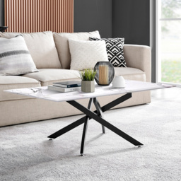 Furniturebox Tavalo White Marble Effect Glass Coffee Table with Black Legs - Size: 120 x 60 x 45cm - Wilko - thumbnail 1