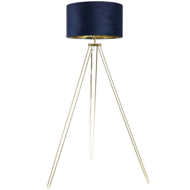 ValueLights Aero Gold Hairpin Tripod LED Floor Lamp with Navy and Gold Velvet Drum Lamp Shade - Size: 141 x 59 x 59cm - Wilko - image 1
