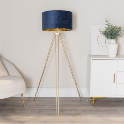 ValueLights Aero Gold Hairpin Tripod LED Floor Lamp with Navy and Gold Velvet Drum Lamp Shade - Size: 141 x 59 x 59cm - Wilko - thumbnail 3