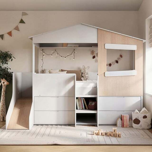 Flair Dreamland White and Oak Play House Slide Mid Sleeper with Storage - Size: Single - Wilko - image 1