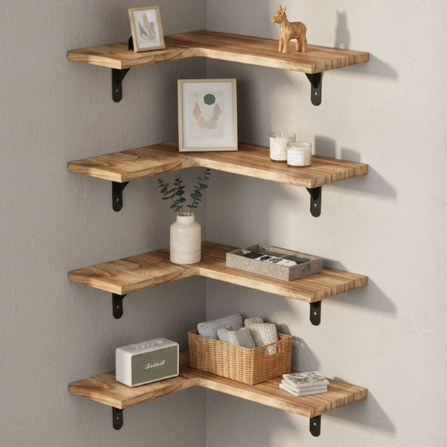 Living and Home 4 Piece Natural L-Shaped Wall-Mounted Shelf - Size: 14 x 40.4 x 29cm - Wilko