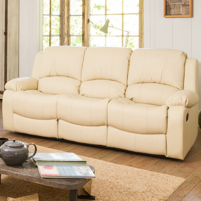 Glendale 3 Seater Cream Bonded Leather Manual Recliner Sofa - Artemis Home - Wilko - image 1