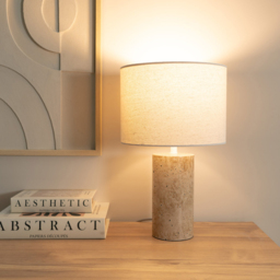 ValueLights Chloe Marble Effect Natural Drum Shade LED Table Lamp - Size: 41 x 25 x 25cm - Cream - Wilko - thumbnail 3