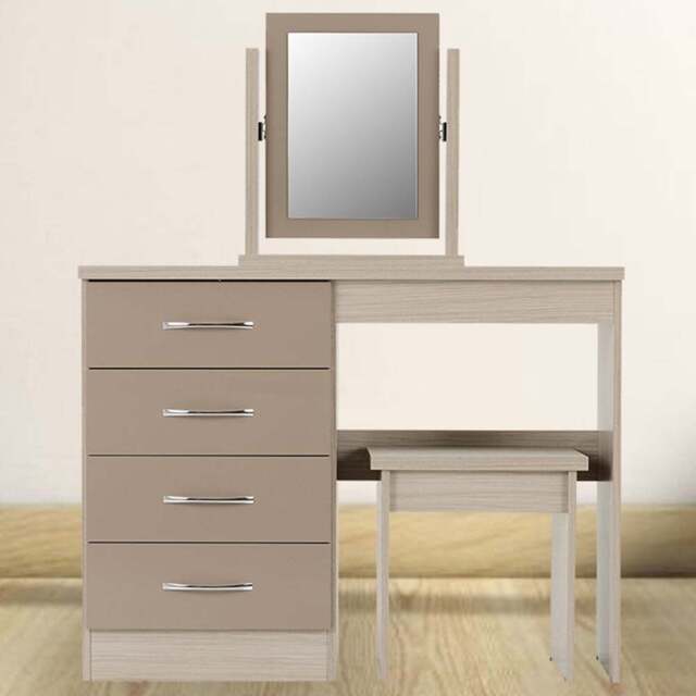 Seconique Nevada Oyster Gloss Light Oak Effect Veneer Dressing Table Set with Mirror - Size: 40 x 100 x 77cm - Brown - Wilko - image 1