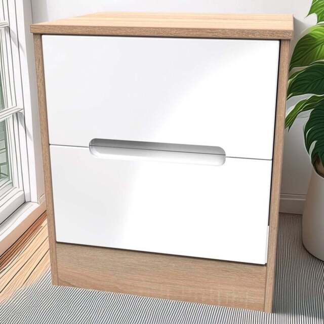 Crowndale Monaco 2 Drawer White Gloss and Bardolino Oak Compact Bedside Cabinet Ready Assembled - White Gloss & Bardolino Oak - Wilko - image 1