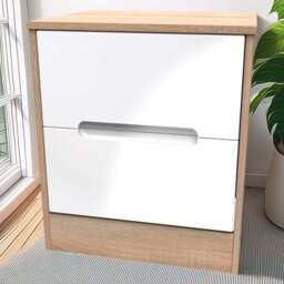 Crowndale Monaco 2 Drawer White Gloss and Bardolino Oak Compact Bedside Cabinet Ready Assembled - White Gloss & Bardolino Oak - Wilko