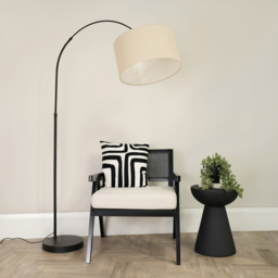 ValueLights Louis Cream Fabric Drum Shade Black Curved LED Floor Lamp - Size: 180 x 45 x 105cm - Wilko - thumbnail 4