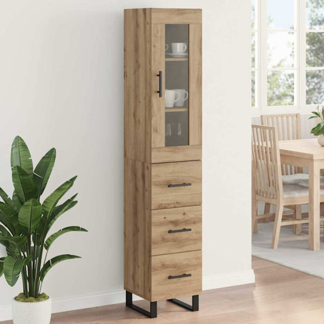 vidaXL Single Glass Door 3 Drawer Artisan Oak Tall Slim Highboard - Size: 120 x 45.5 x 31.5cm - Brown - Wilko - image 1
