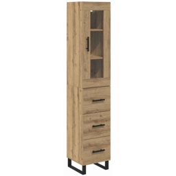 vidaXL Single Glass Door 3 Drawer Artisan Oak Tall Slim Highboard - Size: 120 x 45.5 x 31.5cm - Brown - Wilko - thumbnail 3