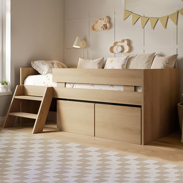 Flair Logan Oak Low Sleeper Bed with Storage and Moveable Ladder - Size: 79.3 x 124 x 195.6cm - Wilko - image 1