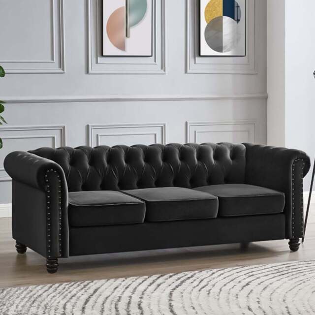 Home Detail Chesterfield 3 Seater Studded Black Velvet Sofa - Wilko - image 1