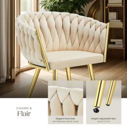 tectake Astano Set of 4 Sand and Gold Velvet Padded Knot Design Dining Chair - Yellow - Wilko - thumbnail 5