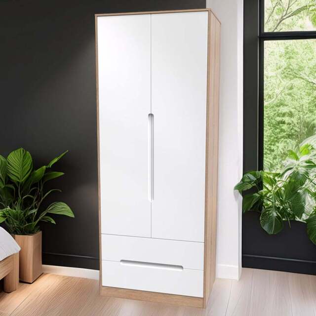Crowndale Monaco 2 Door 2 Drawer White Gloss and Bardolino Oak Tall Wardrobe Ready Assembled - Size: 2 Door, 2 Drawer - White Gloss & Bardolino Oak - - image 1