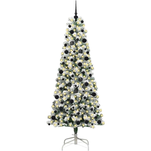 vidaXL Pre-Lit Warm White LED and Black Baubles Snow Flocked Artificial Christmas Tree 7.8ft - Green - Wilko - image 1