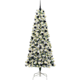 vidaXL Pre-Lit Warm White LED and Black Baubles Snow Flocked Artificial Christmas Tree 7.8ft - Green - Wilko