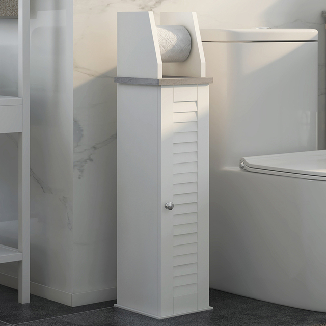 Portland Single Door White Slim Bathroom Cabinet with Roll Holder - Size: 18 x 20 x 80cm - Wilko - image 1