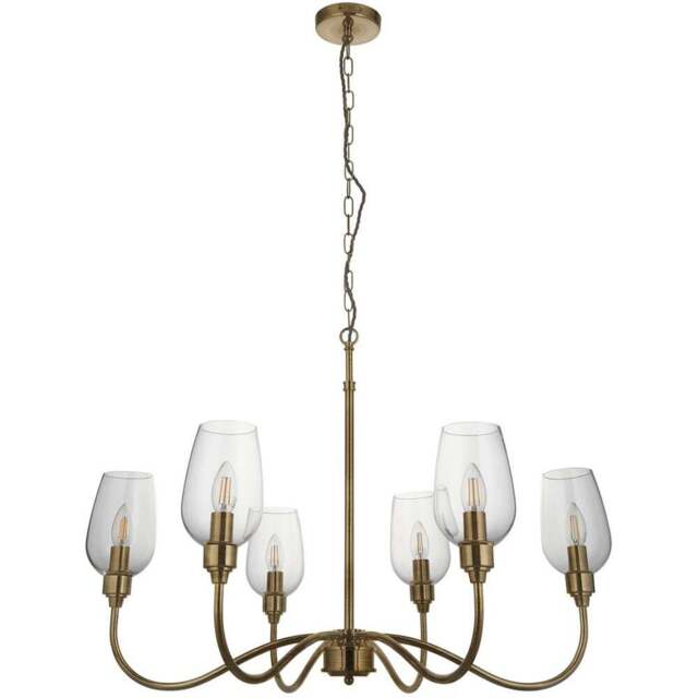 Merano Livorno 6 Light Clear Glass Antique Brass Plate Pendant Light - Size: 84.5 x 84.5 x 210cm - Brown - Wilko - image 1