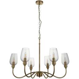 Merano Livorno 6 Light Clear Glass Antique Brass Plate Pendant Light - Size: 84.5 x 84.5 x 210cm - Brown - Wilko