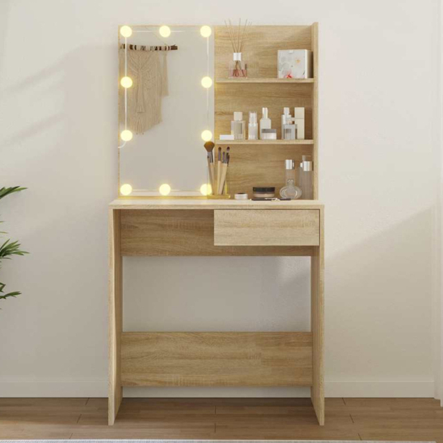 vidaXL Single Drawer 2 Shelf Sonoma Oak Dressing Table with LED Mirror - Size: 141 x 74.5 x 40cm - Brown - Wilko - image 1