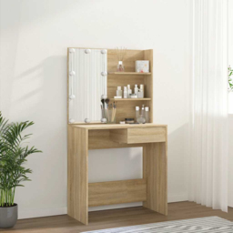 vidaXL Single Drawer 2 Shelf Sonoma Oak Dressing Table with LED Mirror - Size: 141 x 74.5 x 40cm - Brown - Wilko - thumbnail 6