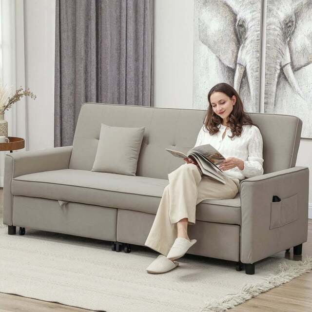 HOMCOM 3 Seater Beige L Shaped Reversible Pull Out Sofa Bed - Yellow - Wilko - image 1