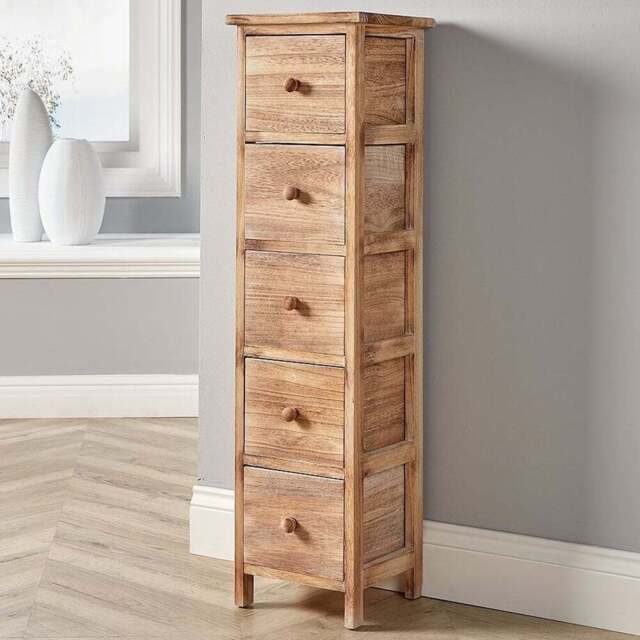 Home Source Canterbury 5 Drawer Natural Washed Solid Wood Tall Chest of Drawers - Brown - Wilko - image 1