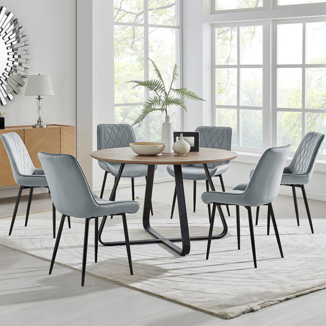 Furniturebox Fira Cesano Wood Effect 6 Seater Round Dining Set Brown Grey and Black - Wilko - image 1