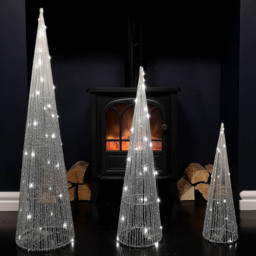 Samuel Alexander 3 Piece 90 Warm White LED Silver Tree Cone Obelisk Set - Size: 80 x 20 x 20cm - Wilko