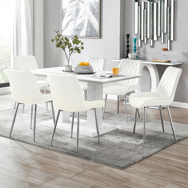 Furniturebox Molini Cesano 6 Seater Dining Set White Gloss Cream and Chrome - Wilko - image 1