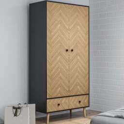 Portland 2 Door 2 Drawer Natural Wood and Black Wardrobe - Size: 2 Door, 2 Drawer - Brown - Wilko