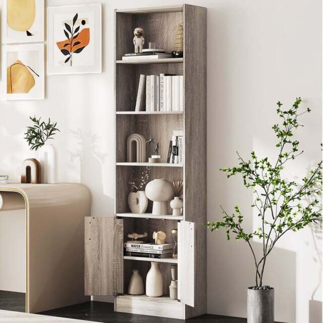 Costway 2 Door 4 Shelf Grey Tall Bookshelf - Size: 50 x 24 x 180cm - Wilko - image 1