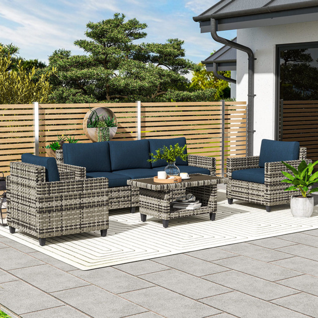 Outsunny 5 Seater Navy Blue Wicker Outdoor Furniture Set - Wilko - image 1