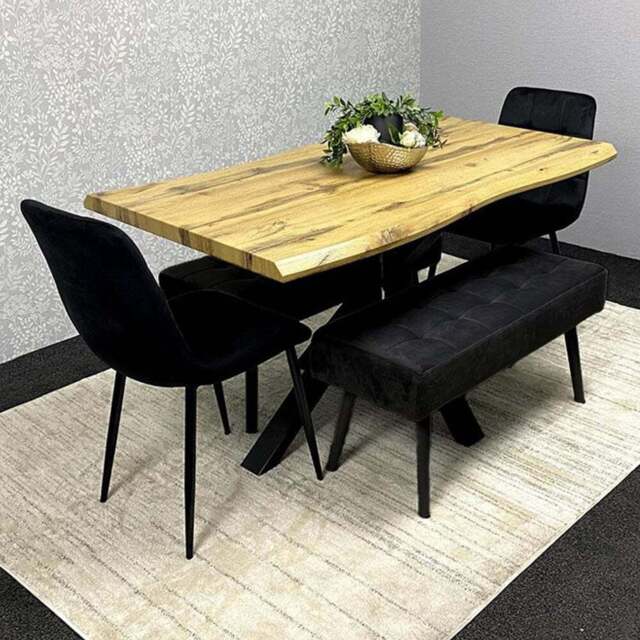 Portland 6 Seater Black Wood Dining Set with Velvet Chairs and Bench - Multi - Wilko - image 1