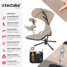 tectake Elaria Beige Large UV Protection Sun Canopy Hanging Chair - Size: 197 x 132 x 195cm - Cream - Wilko - thumbnail 7