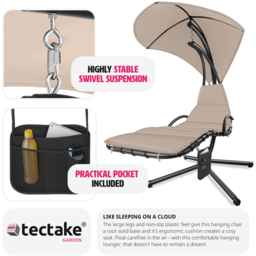 tectake Elaria Beige Large UV Protection Sun Canopy Hanging Chair - Size: 197 x 132 x 195cm - Cream - Wilko - thumbnail 4