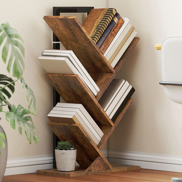 HOMCOM 4 Shelf Rustic Brown Steel Frame Tree Bookshelf - Size: 82 x 24 x 50cm - Wilko - image 1