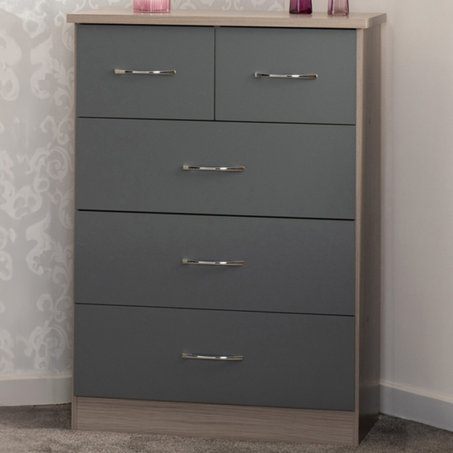 Seconique Nevada 5 Drawer Grey Gloss Light Oak Veneer Chest of Drawers - Wilko - image 1