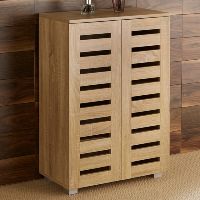 Home Source Oslo 2 Door Oak Effect Shoe Cabinet - Size: 87.2 x 60 x 33cm - Brown - Wilko - image 1
