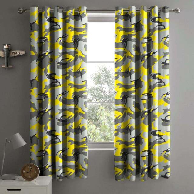 Velosso Yellow Camouflage Pencil Pleat Curtains 168 x 183cm - Size: W 168 x D 183cm - Wilko - image 1