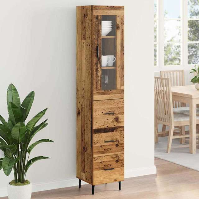 vidaXL Single Glass Door 3 Drawer Old Wood Slim Sideboard with Metal Legs - Size: 180 x 34.5 x 34cm - Brown - Wilko - image 1
