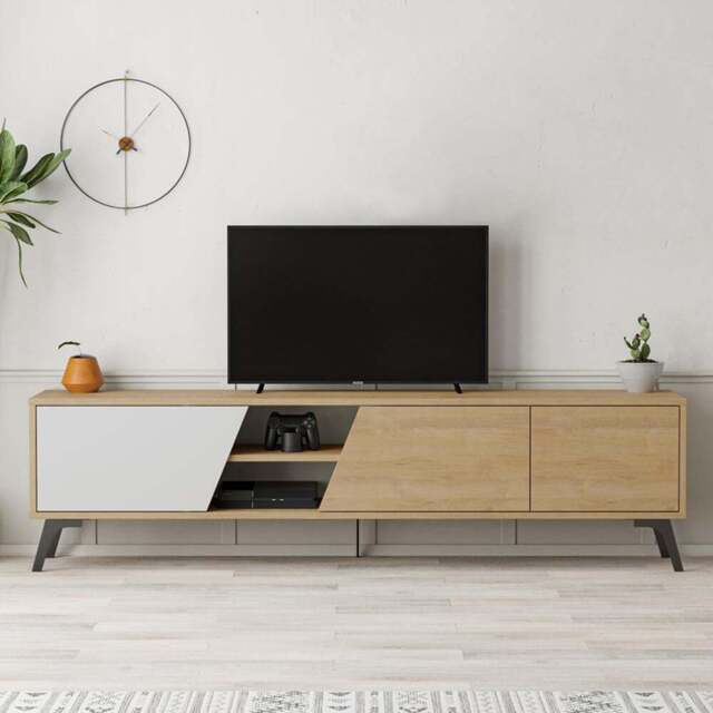 Decortie Fiona 3 Door 2 Shelf White and Oak TV Unit - Size: 48.0  x 180.0  x 35.6 cm - Multi - Wilko - image 1