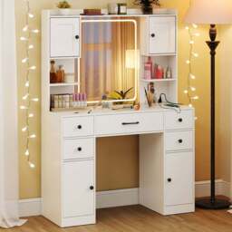 Costway White 5 Drawer 2 Door Makeup Table with LED Mirror - Size: 106 x 40 x 150cm - Wilko